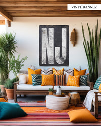 Chic white-on-black 'NJ' banner, a testament to New Jersey's spirit. Weather-proof and versatile, it's suited for gardens, patios, or indoors.