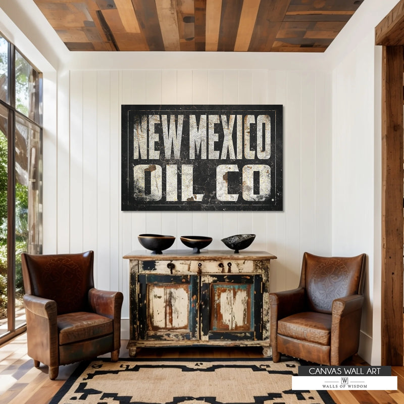 Vintage-inspired New Mexico Oil Co. wall art blending cowboy charm with a rugged Western aesthetic.