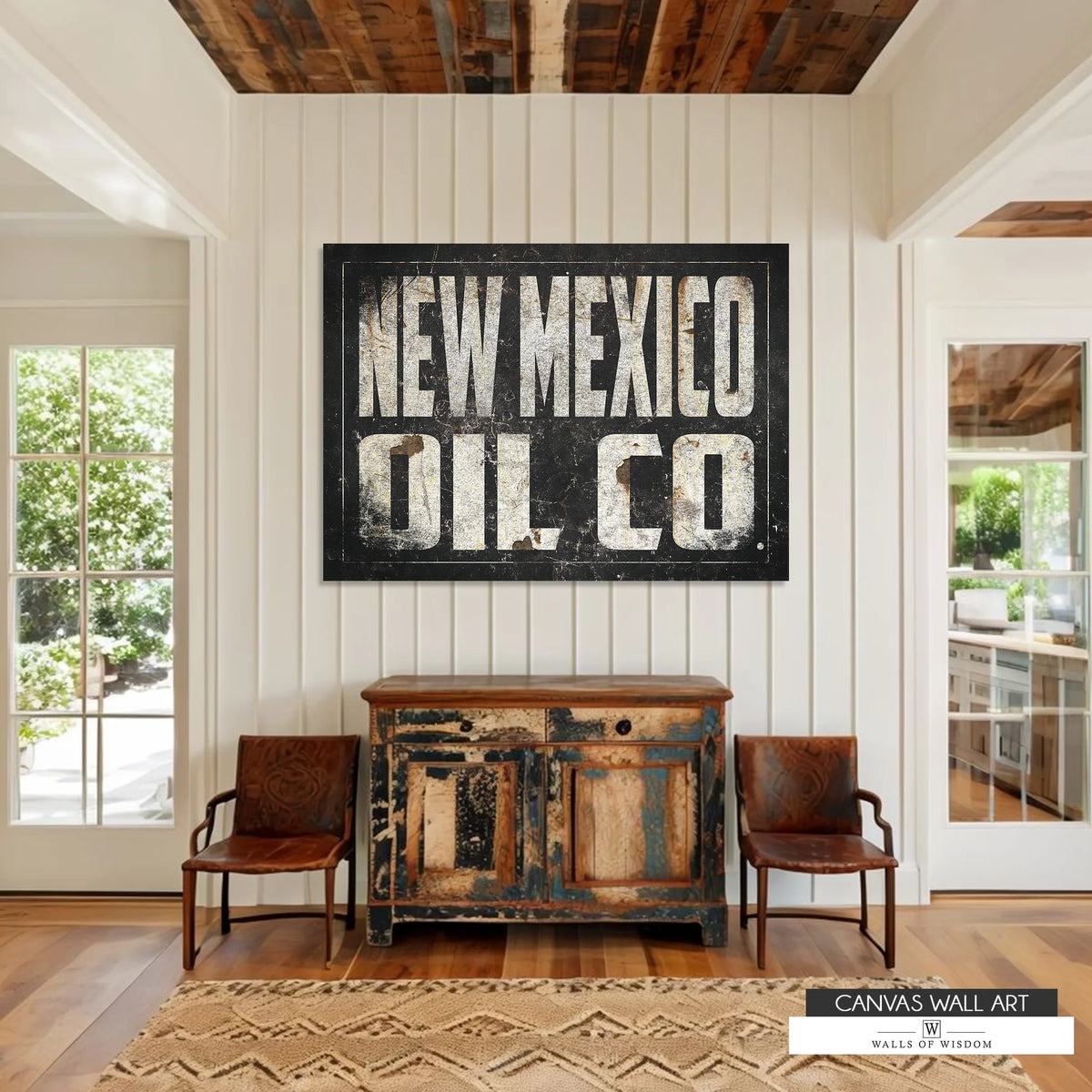ew Mexico Oil Co. vintage canvas featuring a rustic cowboy-style oilfield sign with Western appeal.