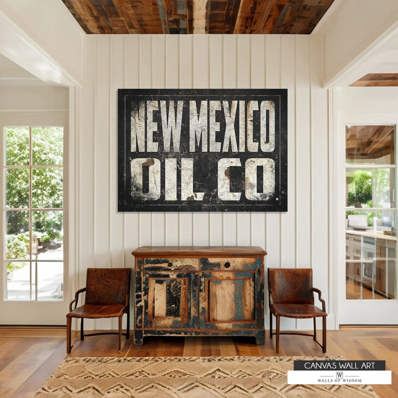 ew Mexico Oil Co. vintage canvas featuring a rustic cowboy-style oilfield sign with Western appeal.