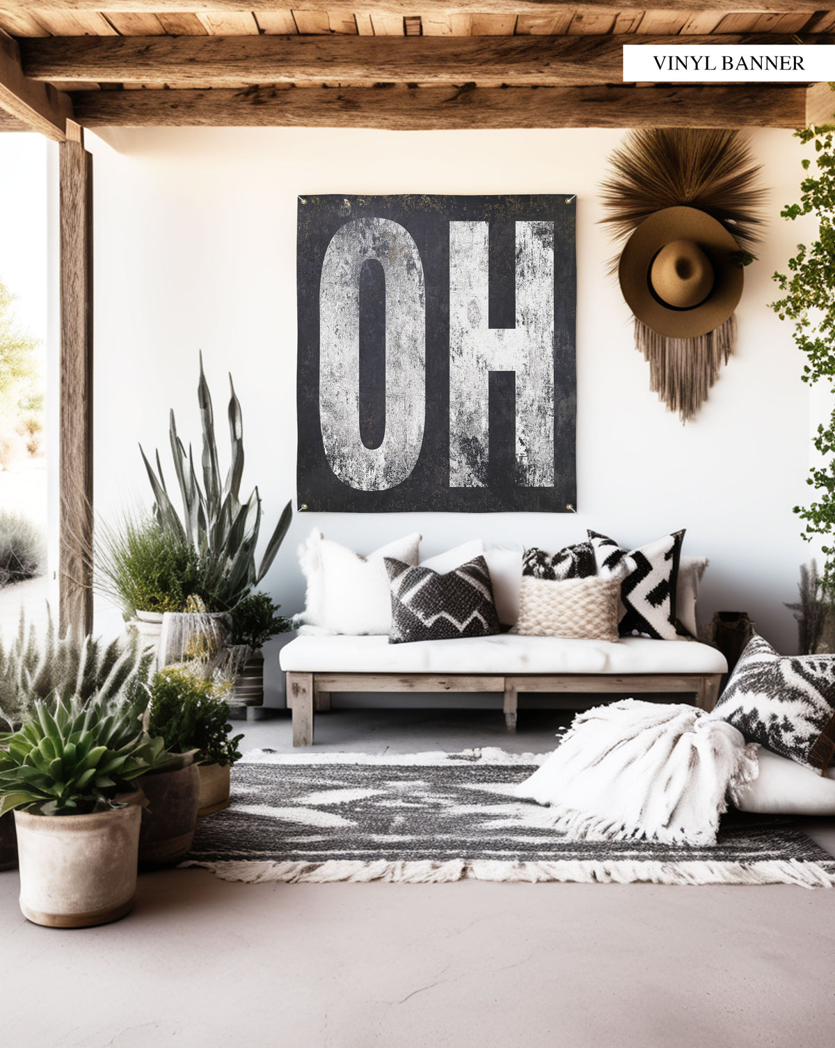 Durable 'OH' vinyl banner featuring elegant white on a weathered black backdrop, a bold statement of Ohio allegiance. Weatherproof and versatile, it adds sophistication to any space, indoors or out.