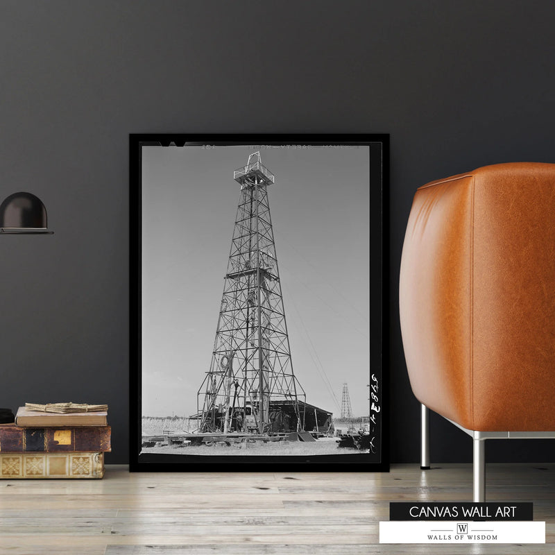 Vintage oil derrick canvas print with black-and-white industrial aesthetics.