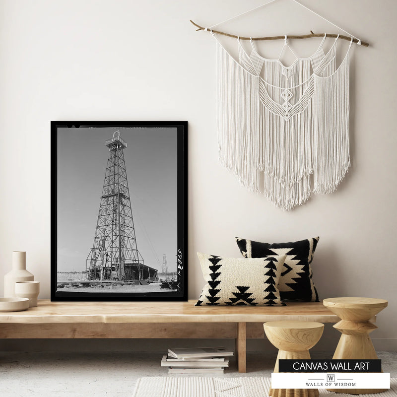 Rustic Texas oil field wall art featuring an early 1900s oil derrick western decor.