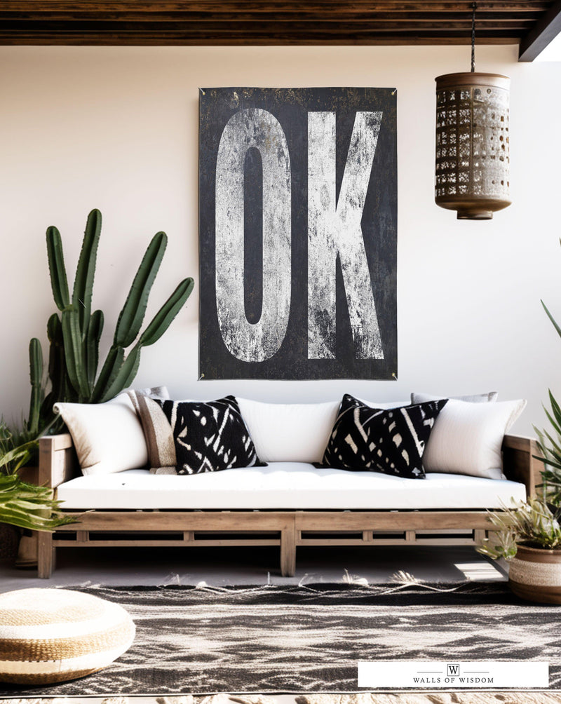 Elegant 'OK' vinyl banner celebrating Oklahoma's spirit, combines functionality with minimalist design for patios and interiors.