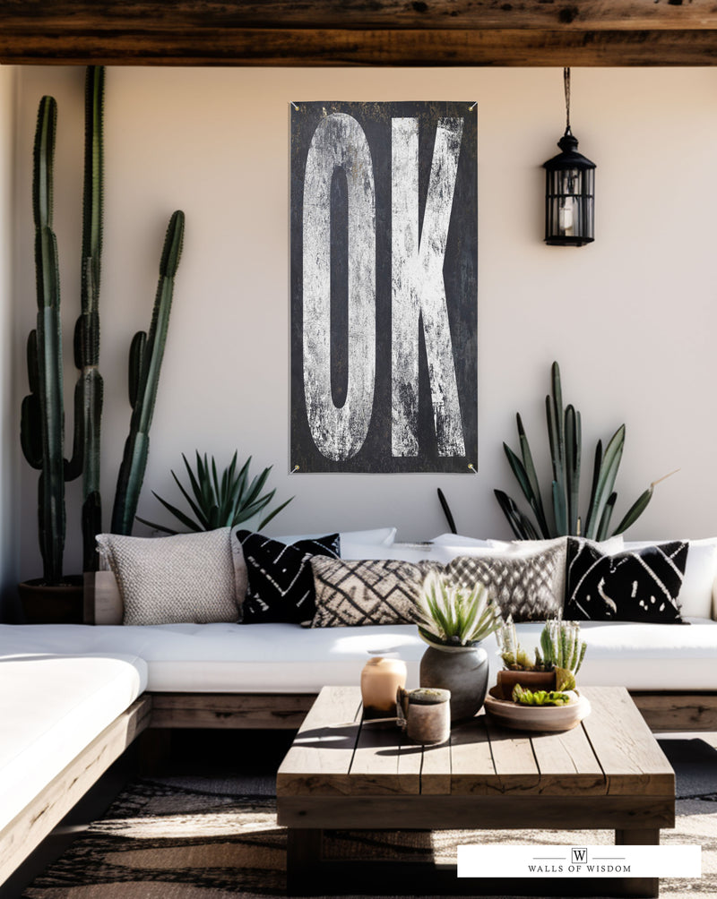 Resilient and sophisticated 'OK' vinyl banner, capturing Oklahoma's unique essence, perfect for gardens, patios, or home decor.