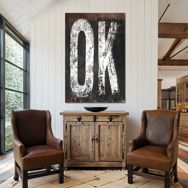 Vintage western wall art in black and white distressed sign of Oklahoma State.