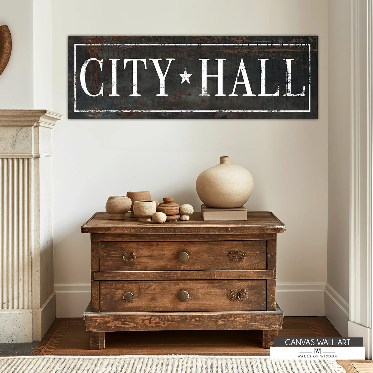 Vintage cowboy city hall canvas sign with distressed Western lettering, perfect for rustic and ranch-style decor.