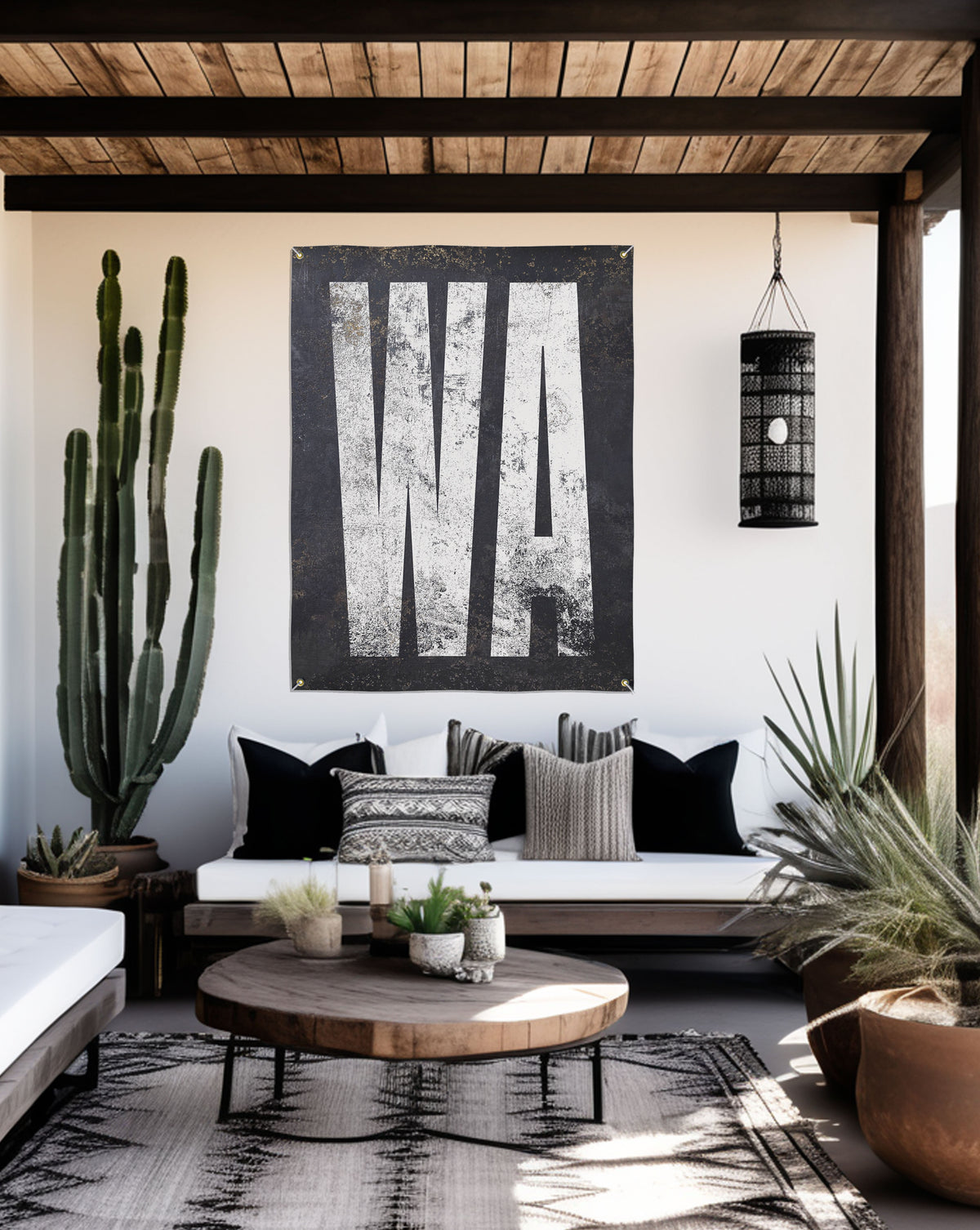 Minimalist 'WA' patio sign, offering a modern touch for garden decor or as an elegant backyard bar accent.