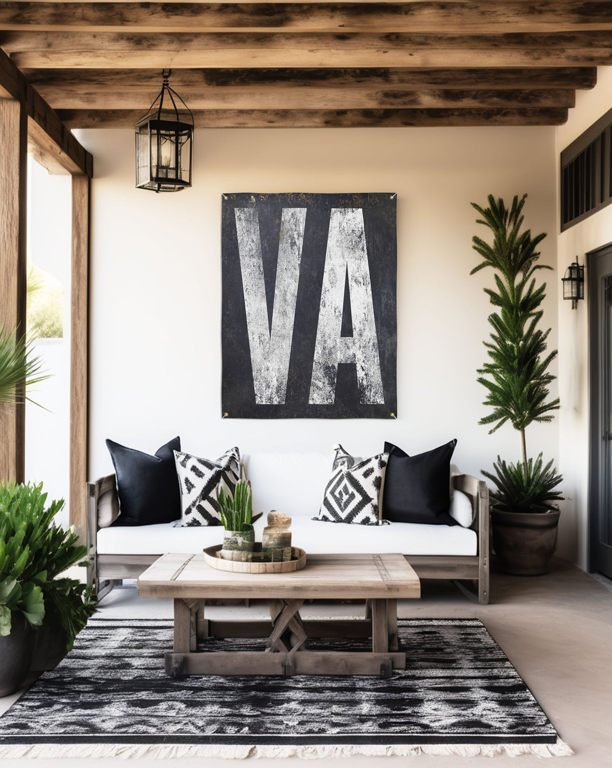 Virginia 'VA' speakeasy wall decor, showcasing bohemian farmhouse elegance in durable vinyl for patios or garden settings.