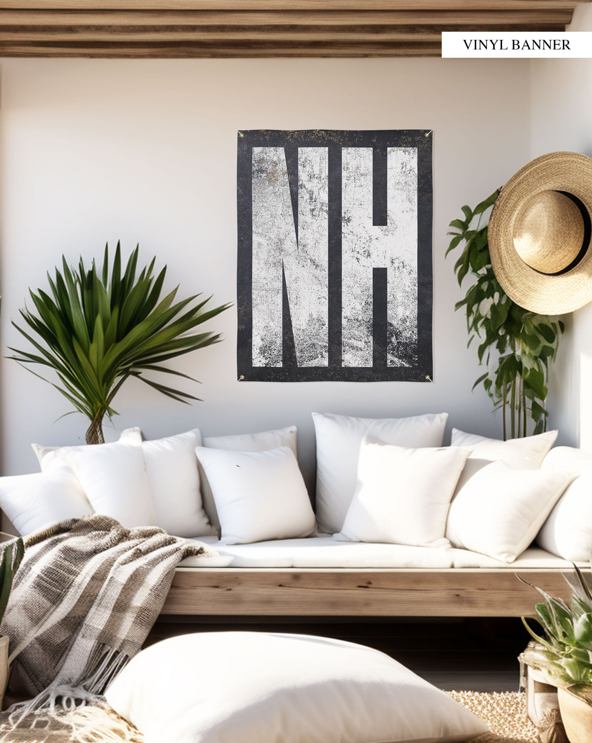 "Sleek 'NH' banner, featuring crisp white on black design, perfect for highlighting New Hampshire's unique spirit in a durable, weatherproof format for all settings."