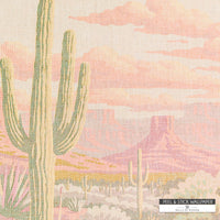 Removable wallpaper featuring painted cactus scene in pink and green with a rustic canvas texture.

