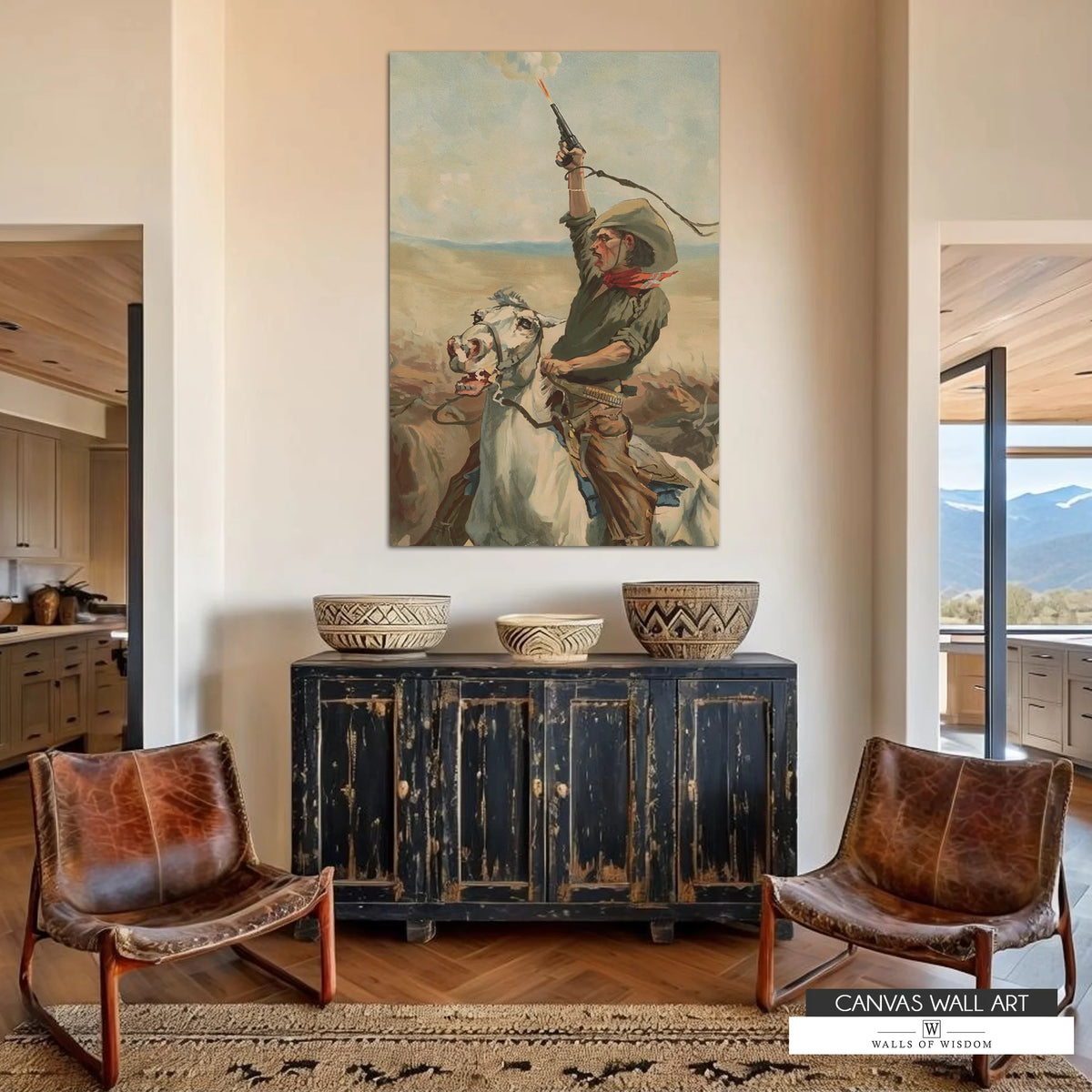 vintage western painted cowboy on horse wild west in neutral earth tones wall art.