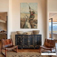vintage western painted cowboy on horse wild west in neutral earth tones wall art.