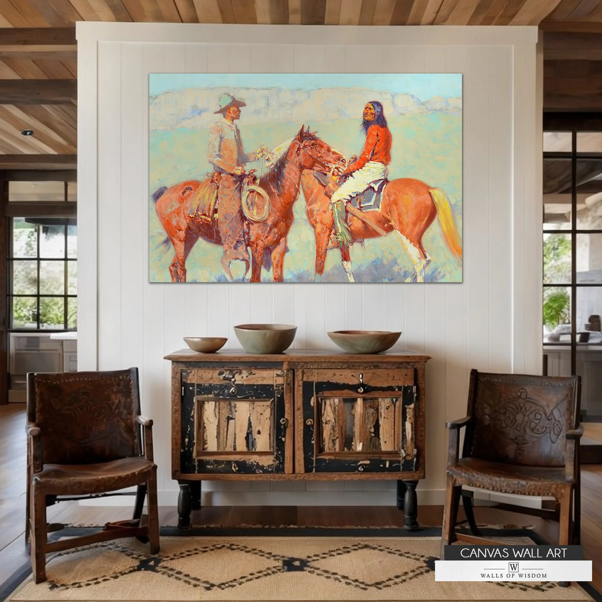 Vintage Western canvas wall art with bold colors and historical charm cowboy and indian on horseback painting.