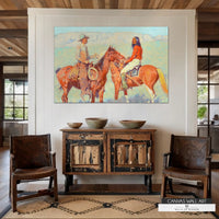 Vintage Western canvas wall art with bold colors and historical charm cowboy and indian on horseback painting.