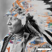 Large Western art canvas featuring Chief Hollow Horn Bear with contemporary accents in a bold, rustic style.