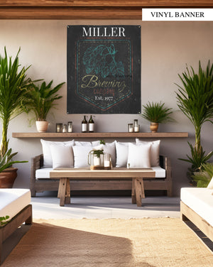 Personalized Distressed Brewery Sign: Capture the essence of historical breweries with this customizable vinyl banner for indoor or outdoor use.