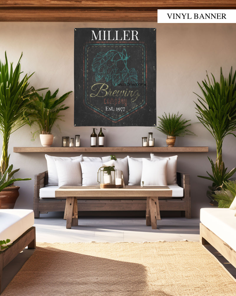 Personalized Distressed Brewery Sign: Capture the essence of historical breweries with this customizable vinyl banner for indoor or outdoor use.