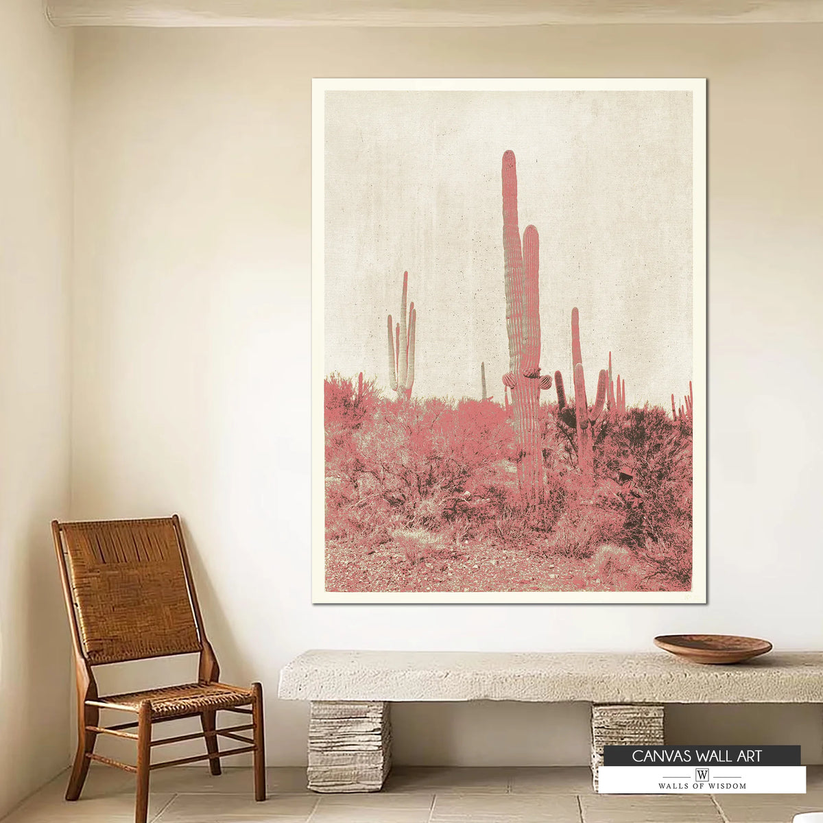 Modern desert-inspired wall art featuring intricate cactus details with muted pink highlights.