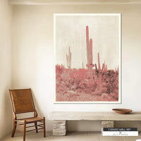 Modern desert-inspired wall art featuring intricate cactus details with muted pink highlights.