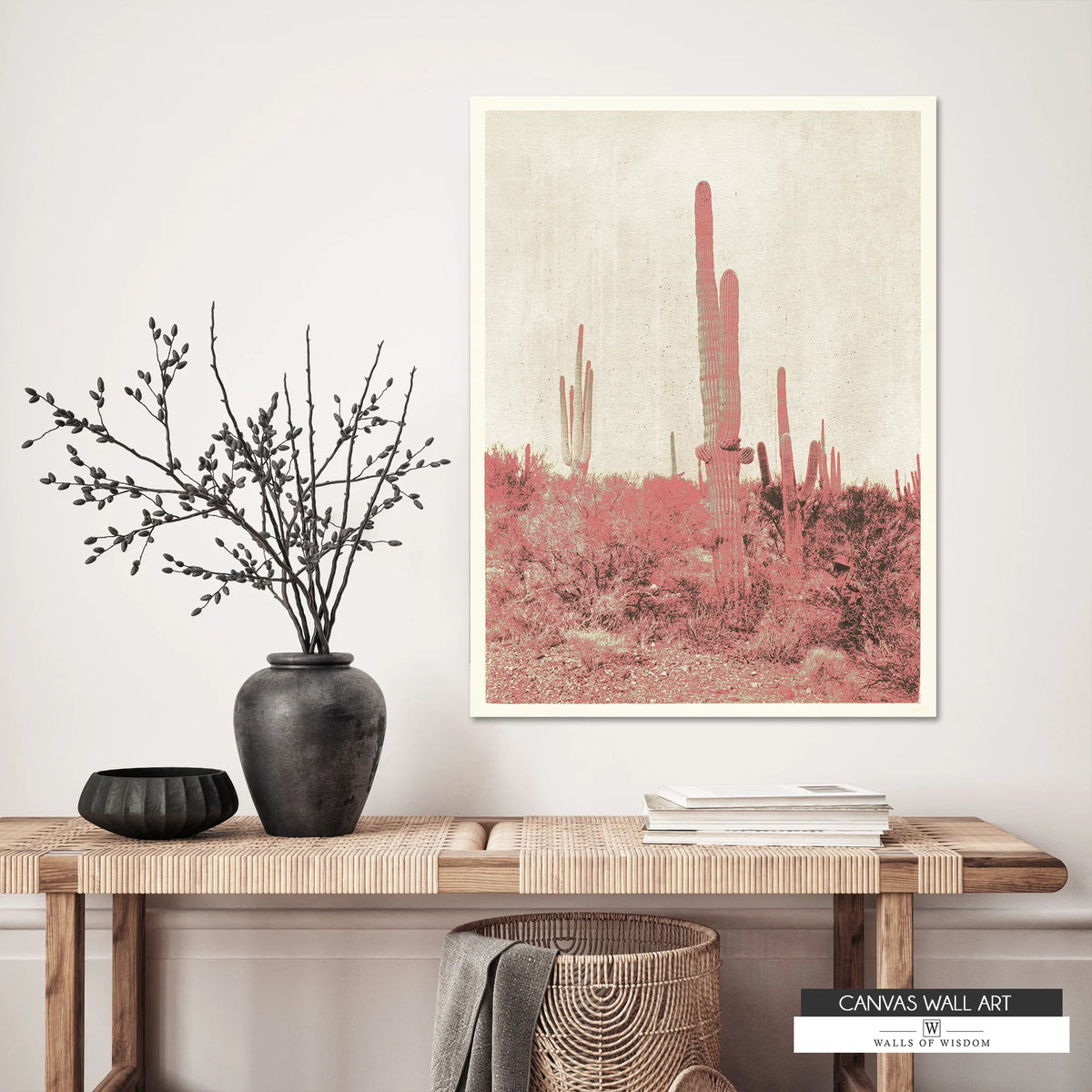 Black and white cactus canvas print with soft rosy pink accents for boho farmhouse decor.