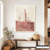 Boho chic cactus canvas print in neutral tones with a touch of soft pink for a serene aesthetic.