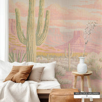 Modern cowgirl mural art with blush tones and western landscape for feminine interiors.