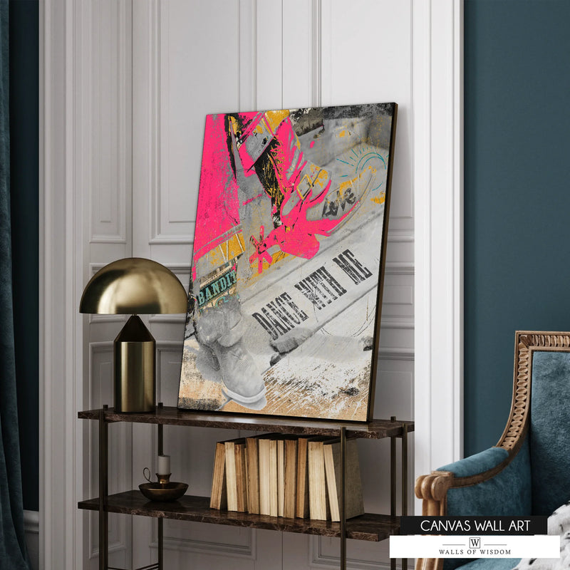 Pink cowgirl  boots western art with modern pop art style in vibrant colors of bright pink, teal blue and black white photo. 