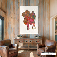 Bold modern cowgirl saddle canvas in pink, green, and gold for Western boho decor