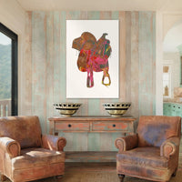 Contemporary Western saddle wall art with vibrant pop art color palette