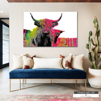 Vibrant pink and green Highland cow canvas art with bold Western and boho flair, perfect for bright eclectic spaces.