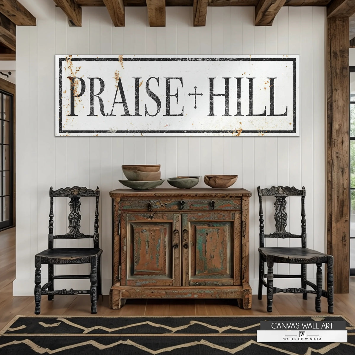 Praise Hill vintage-style Western Christian canvas print featuring distressed church sign typography.
