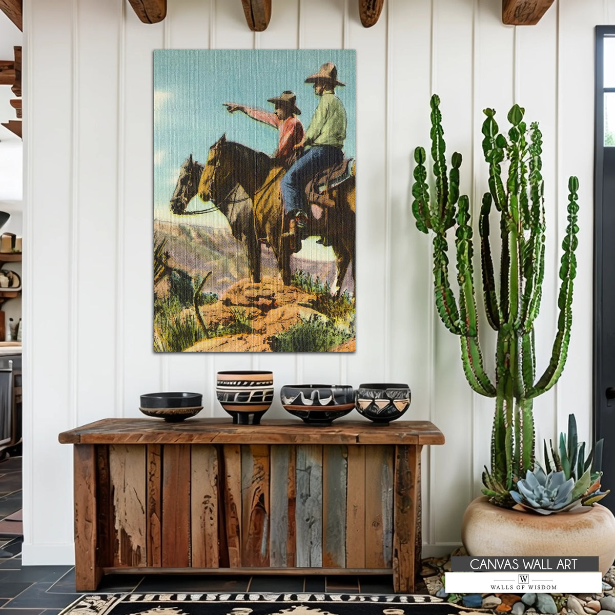 Trail Rangers cowboy wall art, a gallery-wrapped canvas print showcasing two cowboys riding across the frontier. A perfect vintage Western decor piece for ranch homes, rustic offices, and country-style living rooms.