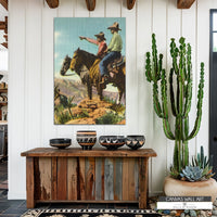 Trail Rangers cowboy wall art, a gallery-wrapped canvas print showcasing two cowboys riding across the frontier. A perfect vintage Western decor piece for ranch homes, rustic offices, and country-style living rooms.