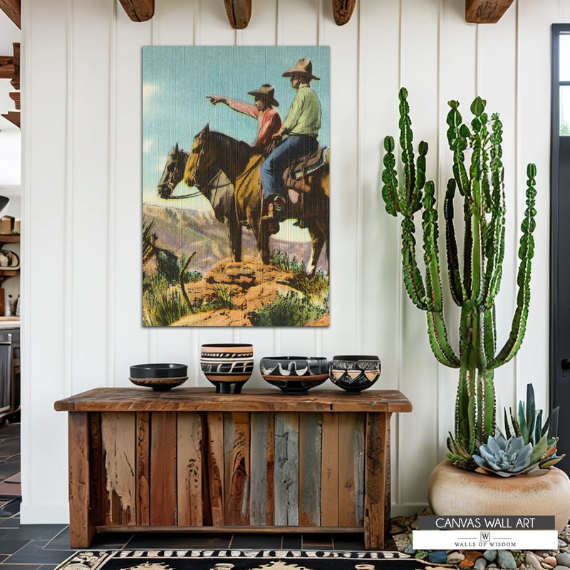 Trail Rangers cowboy wall art, a gallery-wrapped canvas print showcasing two cowboys riding across the frontier. A perfect vintage Western decor piece for ranch homes, rustic offices, and country-style living rooms.