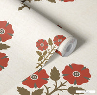 Modern Floral Peel & Stick Wallpaper Swatch - Earth Tones & Deep Red, Farmhouse Style