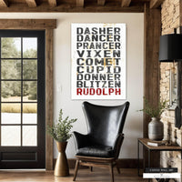 Reindeer Names Farmhouse Christmas Canvas - Rustic Holiday Decor Western Christmas