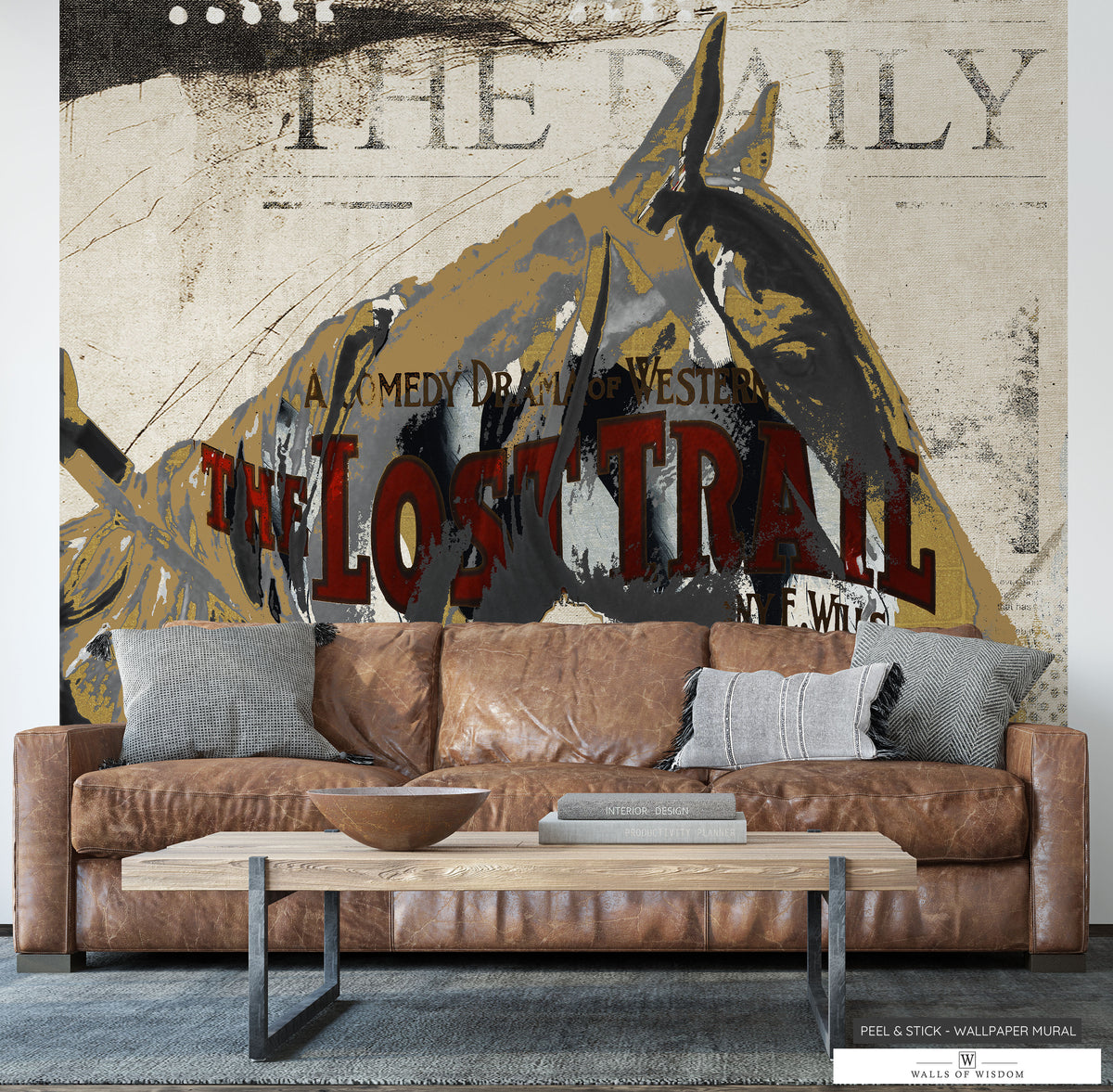 Contemporary 'Lost Trail' Cowboy and Horse Wallpaper Mural in Earthy Tones.