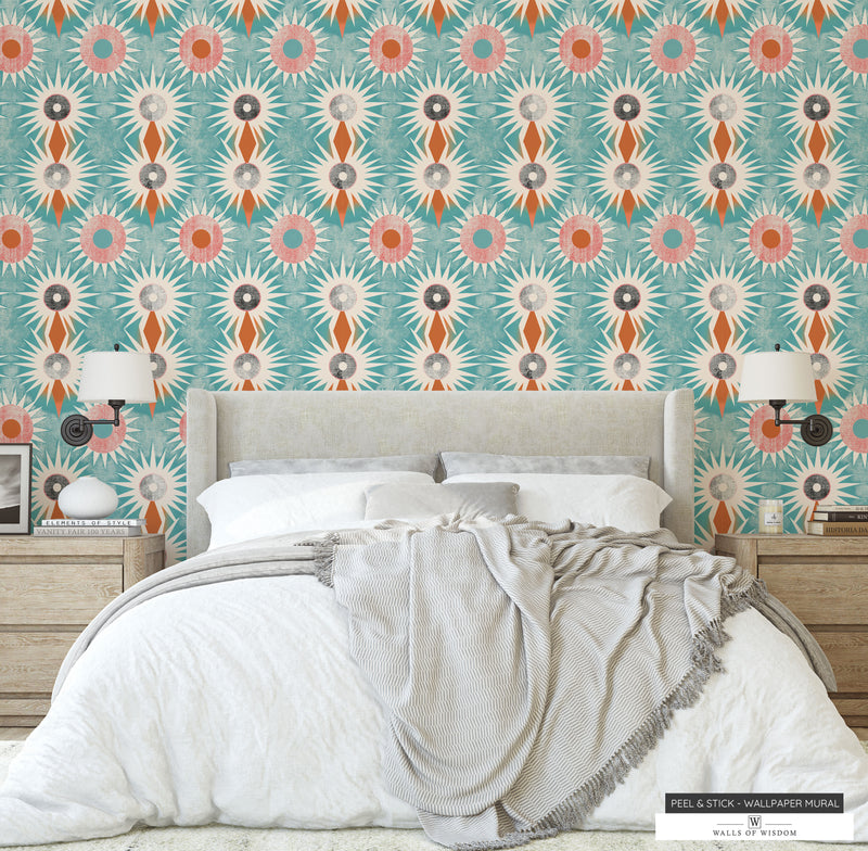 Teal Blue Retro Cowboy Wallpaper with Geometric Shapes and Star Patterns