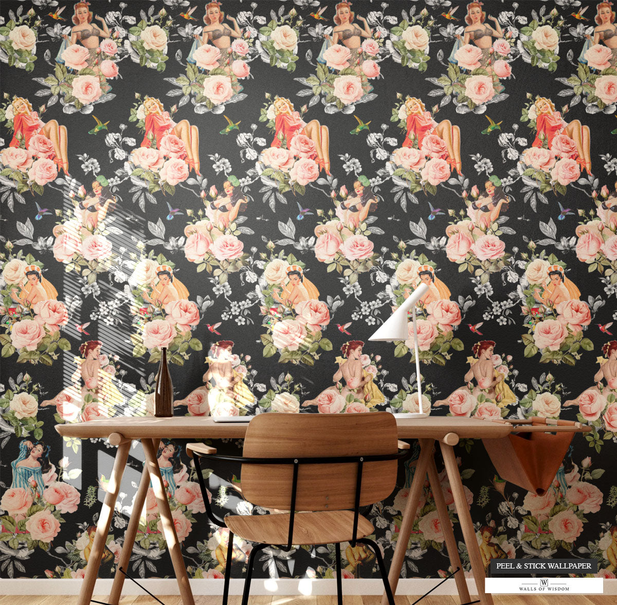 Retro-inspired peelable wallpaper with pinup girls and hummingbirds, perfect for easy decor updates.