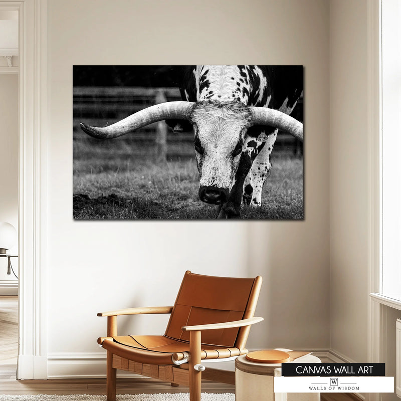 Striking Texas Longhorn print for cowboy and country-inspired interiors.