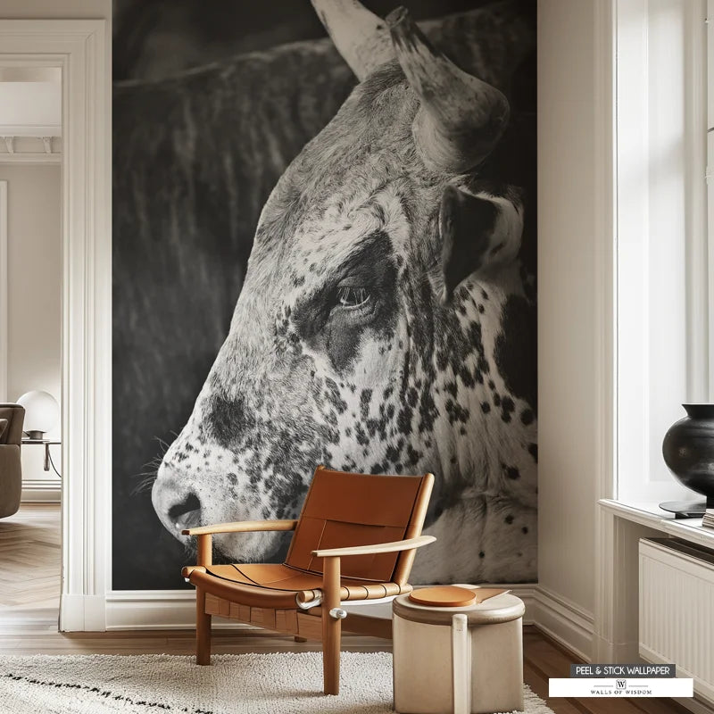 Rodeo Bull Western Decor black white photo wallpaper mural. 