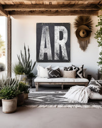 Rustic 'AR' garden and bar party tapestry, embodying Arkansas's essence with a simple, striking design, suitable for both indoor and outdoor decor.