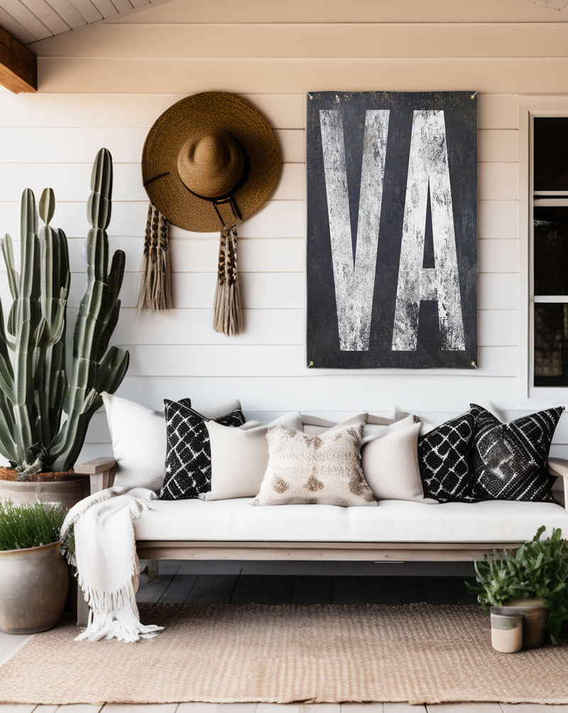 Charming Virginia 'VA' garden banner, blending durable vinyl with rustic Western flair for home bars or outdoor spaces.