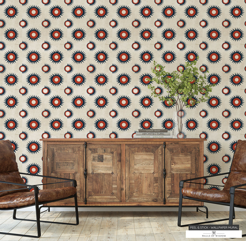 Vintage Linen-Style Wallpaper with Rusty Red and Black Circles & Stars - Retro Rustic Western Decor