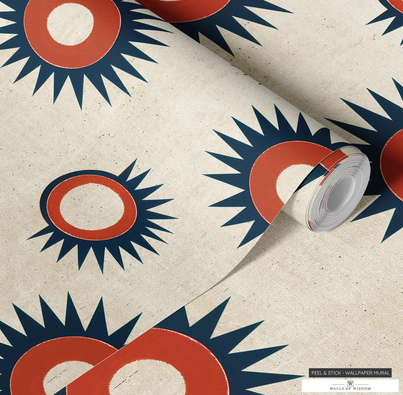 Funky Circle and Star Peel & Stick Wallpaper in Rusty Red on Vintage Linen Background for Boho Spaces