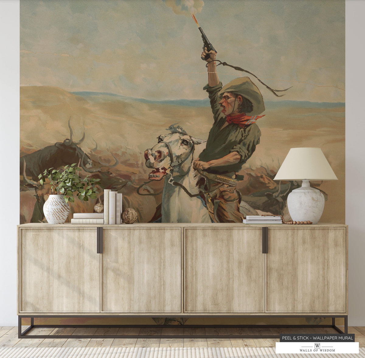 Heading a Stampede’ Lux Western Mural: Cowboy & Bulls in Earth Tones P ...