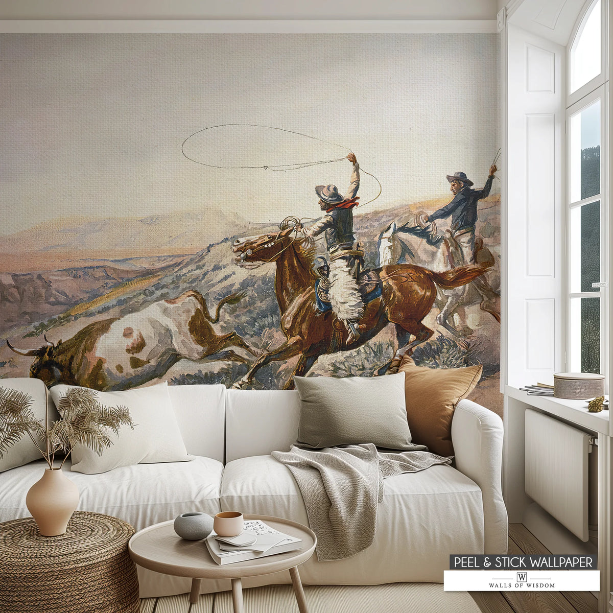 Vintage cowboy roping scene wallpaper mural by Charles Marion Russell