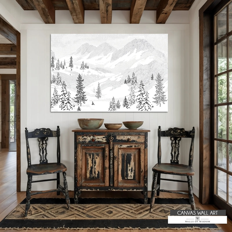 Winter landscape canvas print with snowcapped mountains and valleys