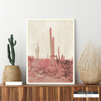 Western boho cactus artwork with a vintage black-and-white design and subtle pink highlights.